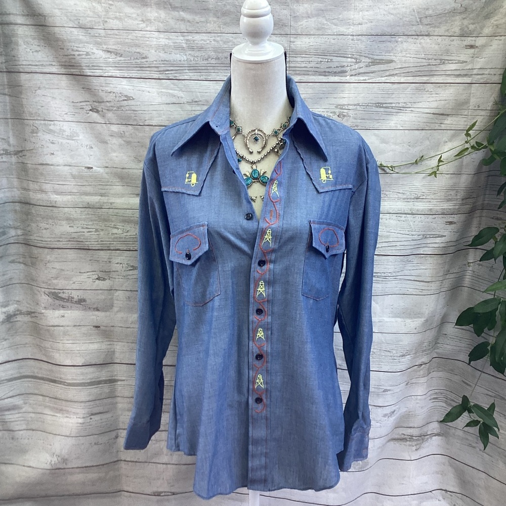 RARE Vintage 1970s Landman Oil Rig Embroidered Western Shirt Texas Oilcore L